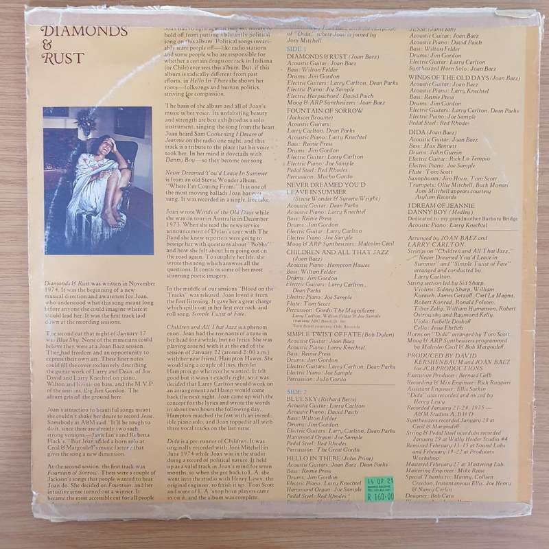 Joan Baez  Diamonds & Rust -  Vinyl LP Record - Very-Good+ Quality (VG+)