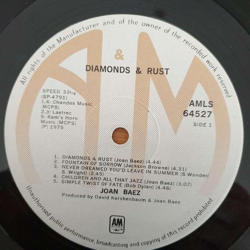 Joan Baez  Diamonds & Rust -  Vinyl LP Record - Very-Good+ Quality (VG+)