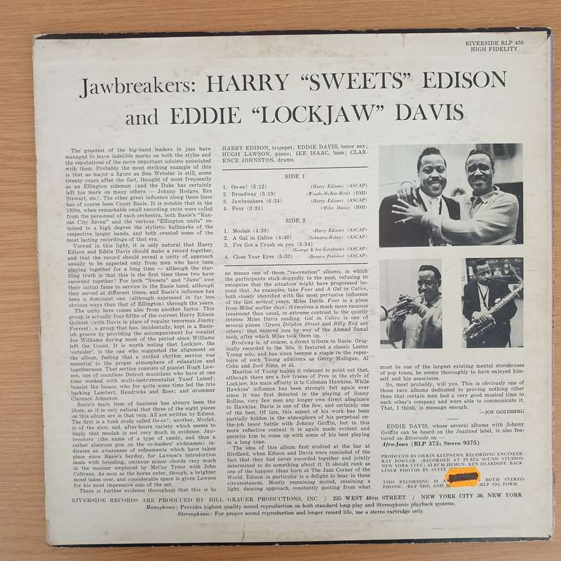 "Sweets" Edison And "Lockjaw" Davis  Jawbreakers - Vinyl LP Record (VG+)
