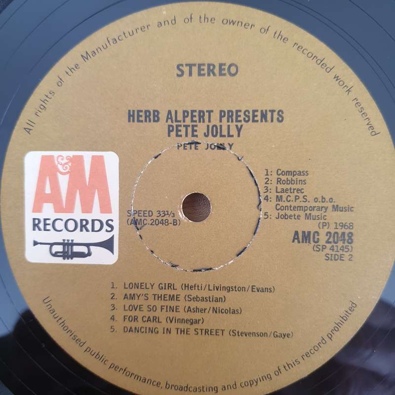 Pete Jolly  Herb Alpert Presents Pete Jolly - Vinyl LP Record - Very-Good+ Quality (VG+) (very...