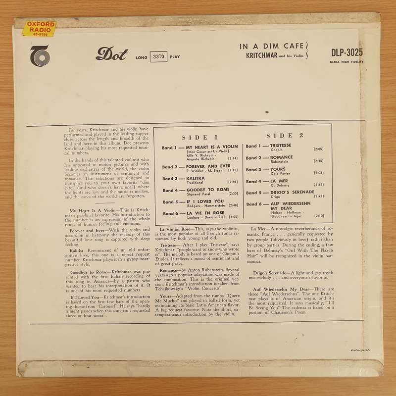 Kritchmar and His Violin  In A Dim Cafe - Vinyl LP Record - Very-Good Quality (VG)  (verry)