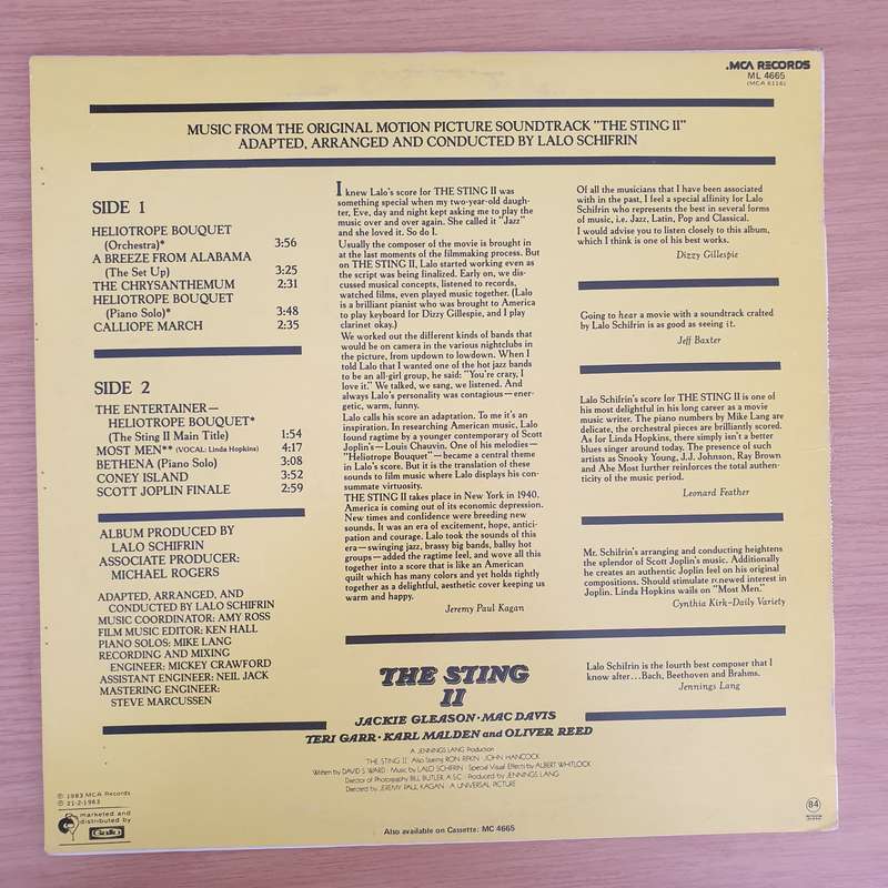 Lalo Schifrin  The Sting II (Music From The Original Motion Picture Soundtrack) - Vinyl LP Rec...