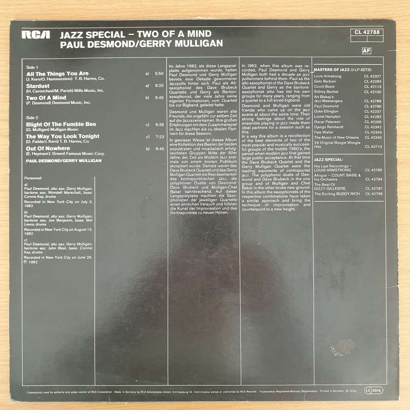 Paul Desmond / Gerry Mulligan  Two Of A Mind (Germany) - Vinyl LP Record - Very-Good Quality (...
