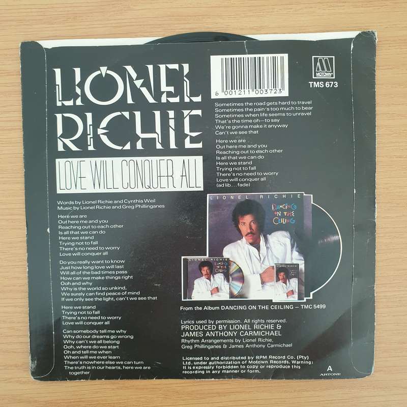Lionel Richie  Love Will Conquer All - Vinyl 7" Record - Very-Good+ Quality (VG+) (verygoodplus7)