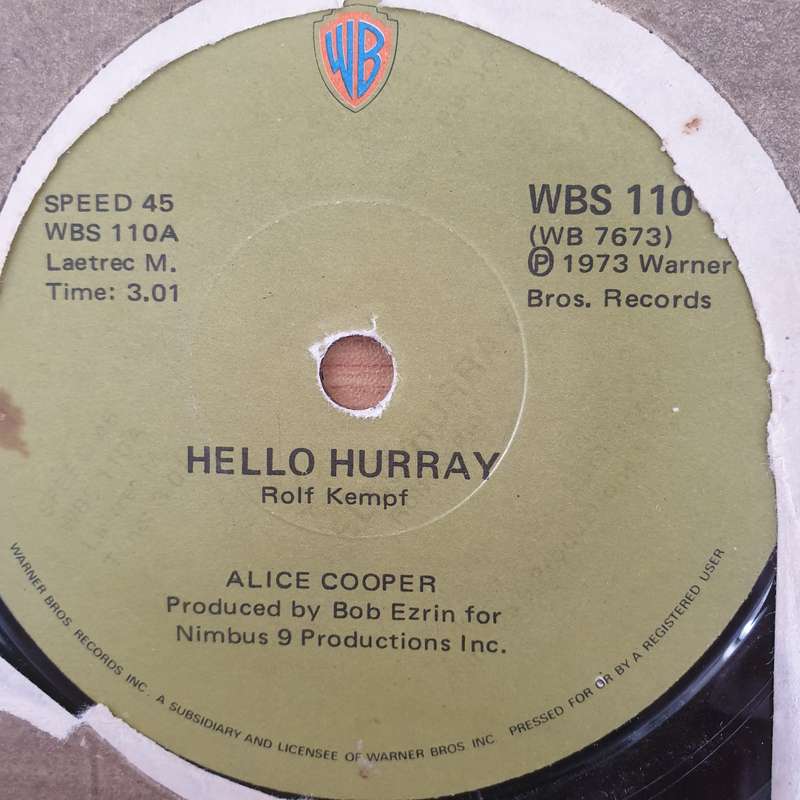 Alice Cooper  Hello Hurray / Generation Landslide - Vinyl 7" Record - Very-Good+ Quality (VG+)...