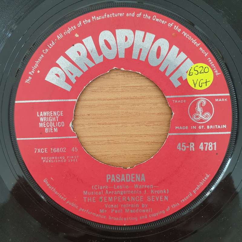 The Temperance Seven  Pasadena - Vinyl 7" Record - Very-Good+ Quality (VG+) (verygoodplus7)
