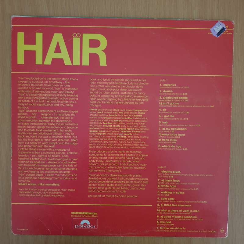 Hair - The Original London Cast Of Hair  Vinyl LP Record - Very-Good+ Quality (VG+) (verygoodp...