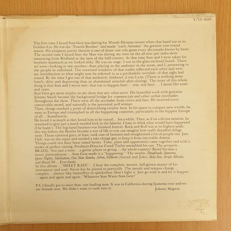 Stan Getz  Sweet Rain   Vinyl LP Record - Very-Good+ Quality (VG+) (verygoodplus)