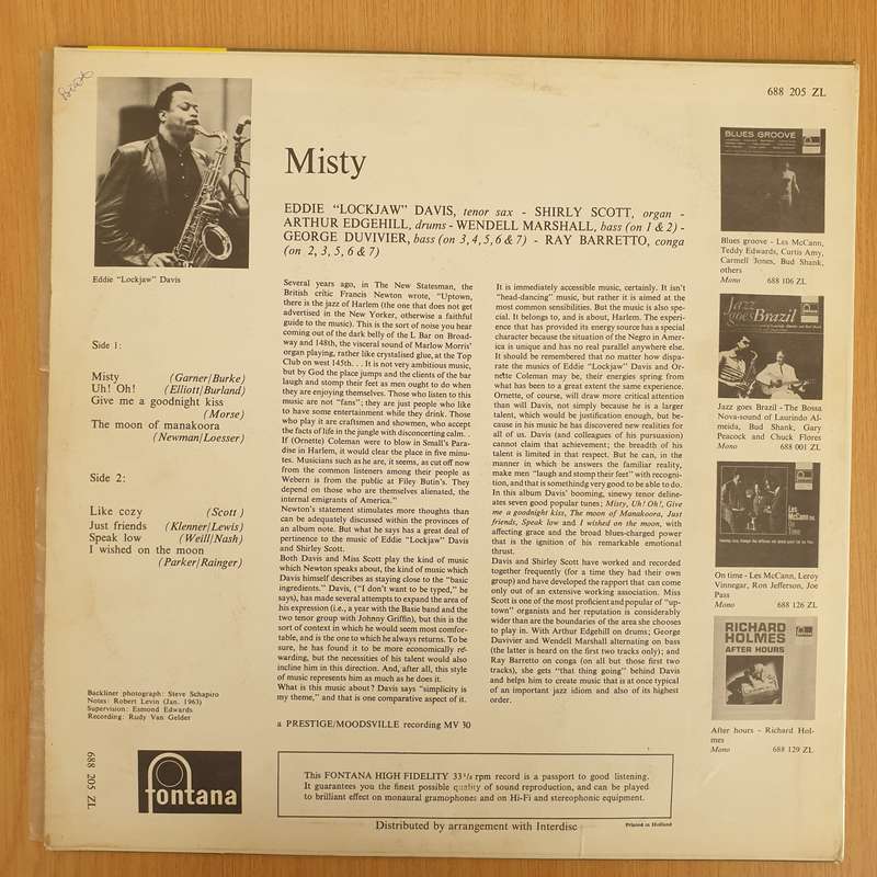Eddie "Lockjaw" Davis With Shirley Scott  Misty - Vinyl LP Record - Very-Good Quality (VG)  (v...