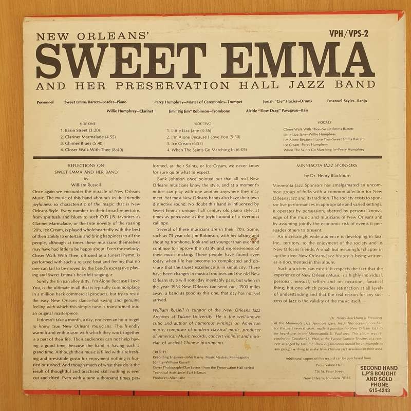 New Orleans' Sweet Emma And Her Preservation Hall Jazz Band  Vinyl LP Record - Very-Good+ Qual...