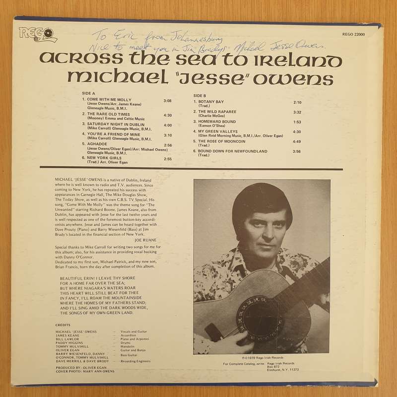Michael "Jesse" Owens*  Across The Sea To Ireland - Autographed - Vinyl LP Record - Very-Good+...