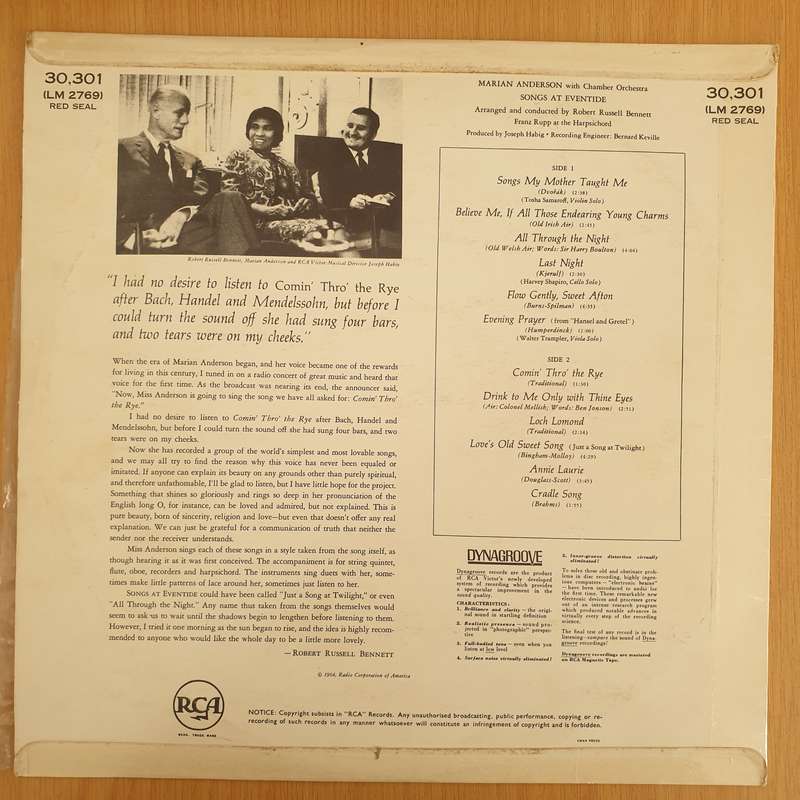 Marian Anderson  Songs At Eventide - Vinyl LP Record - Very-Good+ Quality (VG+) (verygoodplus)