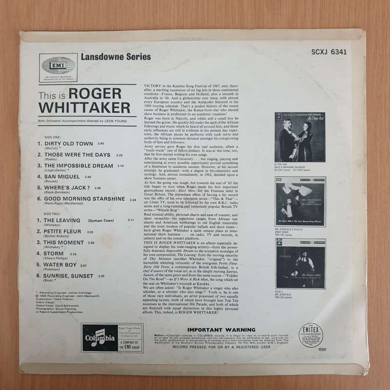 Roger Whittaker  This is Roger Whittaker  Vinyl LP Record - (VG+) (verygoodplus)