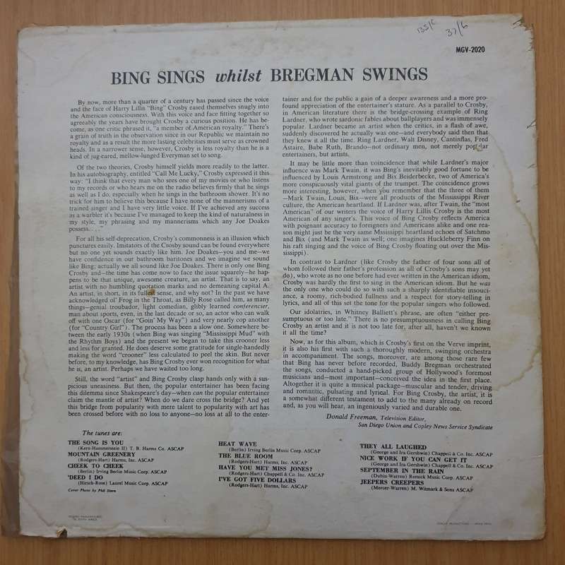 Bing Crosby, Buddy Bregman  Bing Sings Whilst Bregman Swings - Vinyl LP Record - Good+ Quality...