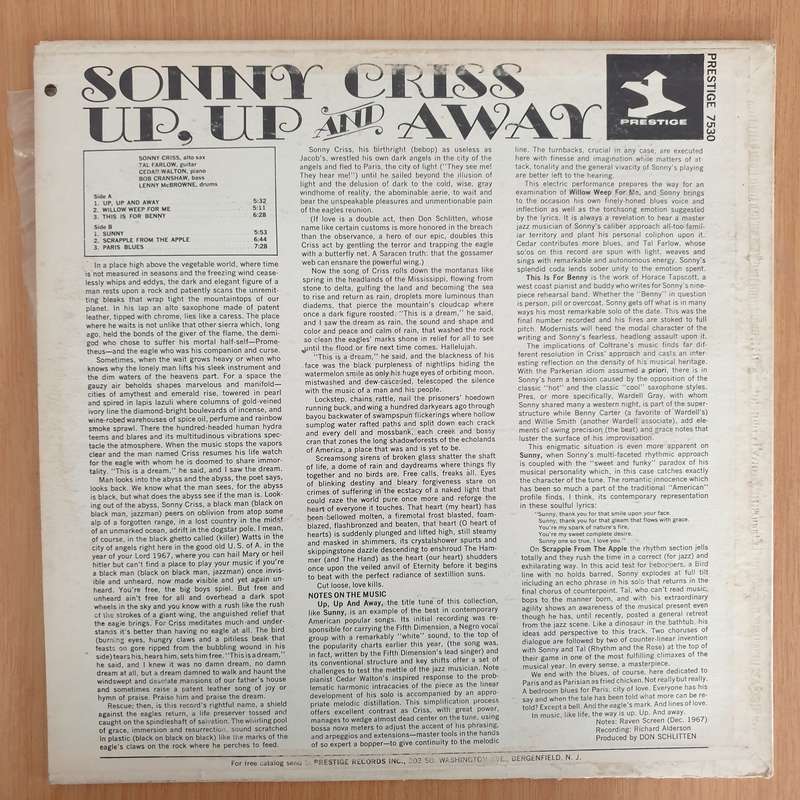 Sonny Criss  Up, Up And Away - Vinyl LP Record - Very-Good+ Quality (VG+) (verygoodplus)