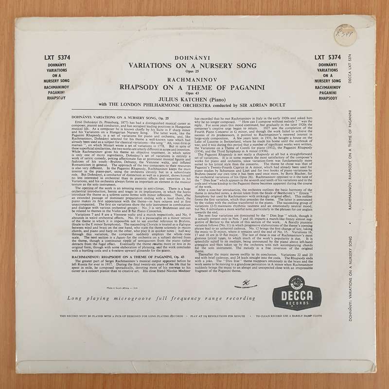 Julius Katchen, Dohnanyi, Rachmaninov  Variations On A Nursery Song / Rhapsody On A Theme Of P...