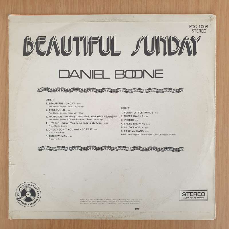 Daniel Boone  Beautiful Sunday - Vinyl LP Record - Very-Good+ Quality (VG+) (verygoodplus)