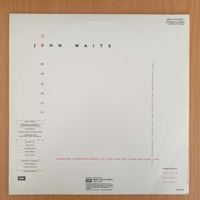 John Waite  No Brakes - Vinyl LP Record - Very-Good+ Quality (VG+) (verygoodplus)