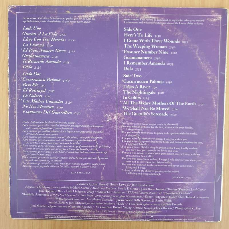 Joan Baez  Gracias A La Vida / Here's To Life - Vinyl LP Record - Good+ Quality (G+) (gplus)