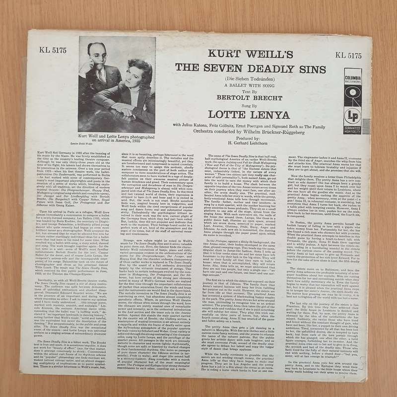 Lotte Lenya  Kurt Weill's The Seven Deadly Sins  Vinyl LP Record - Very-Good+ Quality (VG+)...