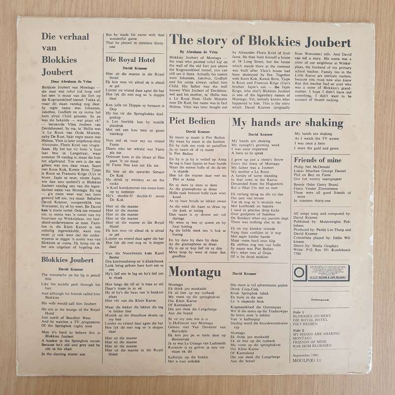 David Kramer  The Story Of Blokkies Joubert  Vinyl LP Record - Very-Good+ Quality (VG+) (ve...