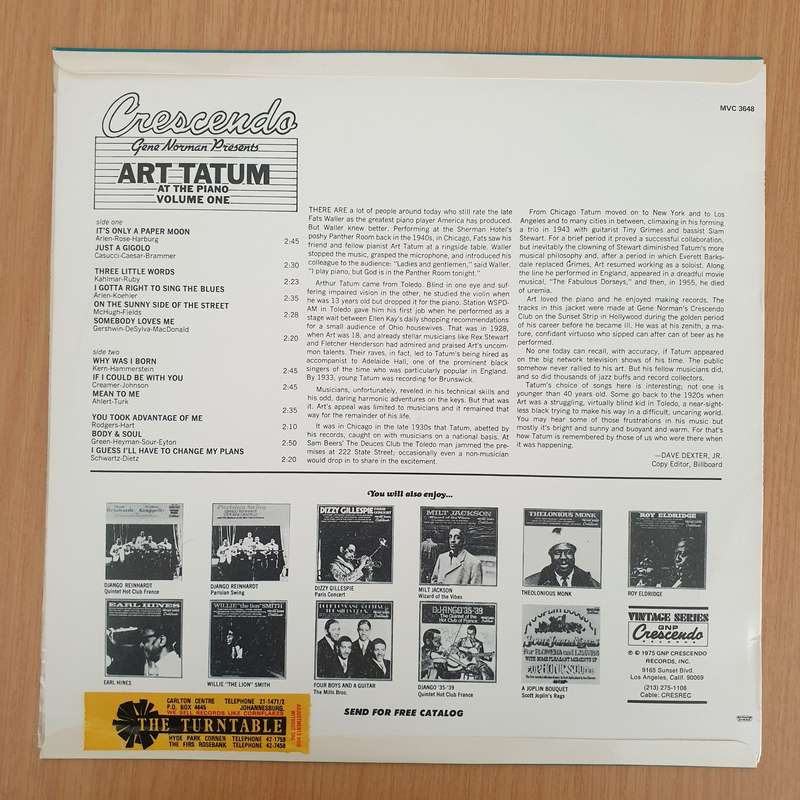 Art Tatum  Art Tatum At The Crescendo Vol. One  Vinyl LP Record - Very-Good+ Quality (VG+) ...