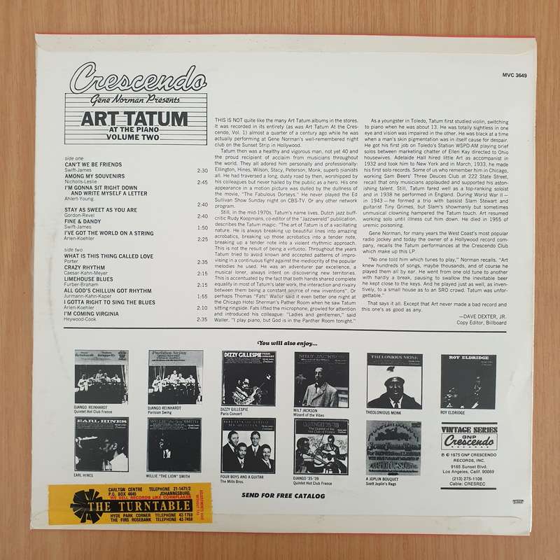 Art Tatum  Art Tatum At The Crescendo Vol. II  Vinyl LP Record - Very-Good+ Quality (VG+) (...