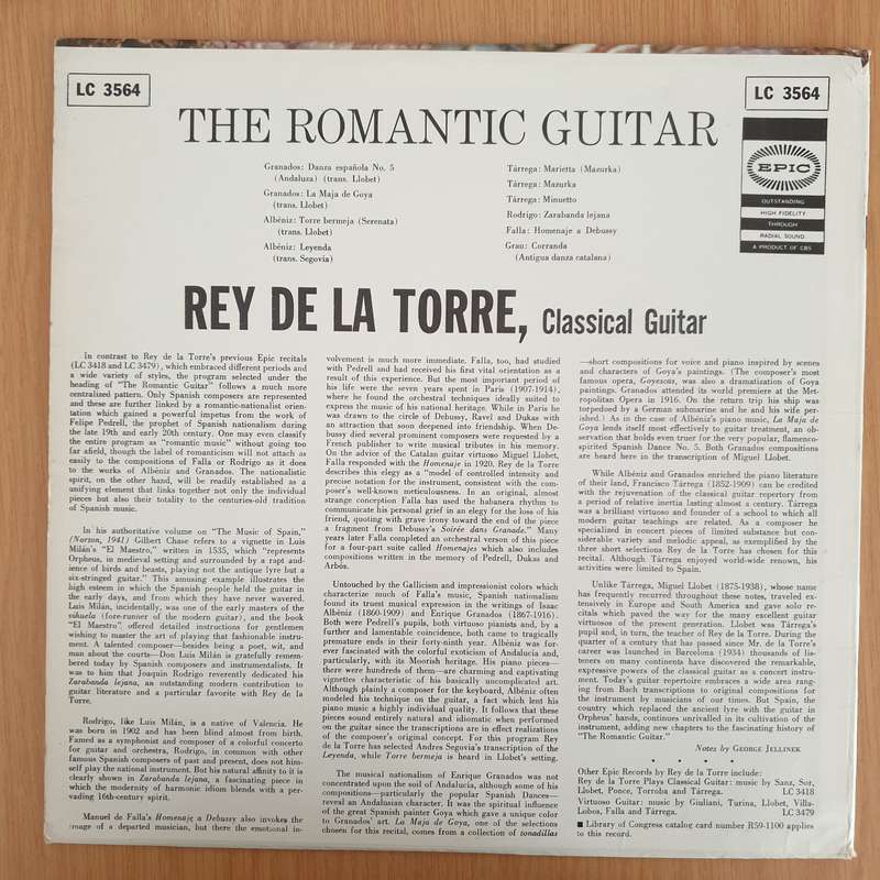 Rey De La Torre  The Romantic Guitar  Vinyl LP Record - Very-Good+ Quality (VG+) (verygoodp...