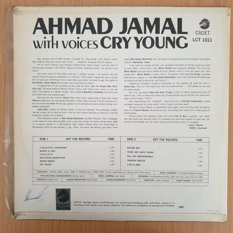 Ahmad Jamal  Cry Young  Vinyl LP Record - Very-Good+ Quality (VG+) (verygoodplus)