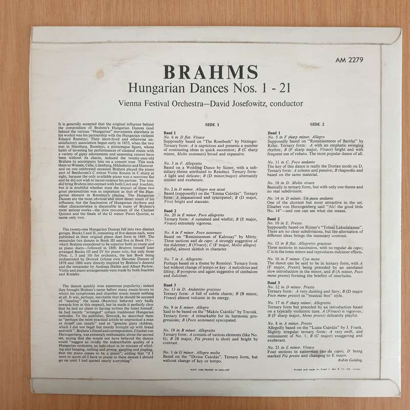 Brahms - Hungarian Dances - Vienna Festival Orchestra, David Josefowitz - Vinyl LP Record - Very-...