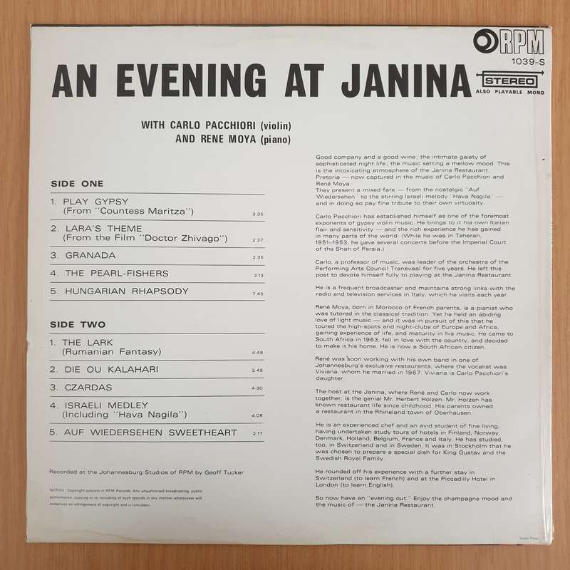 An Evening at Janina - Carlo Pacchiori, Rena Moya (Rare South Africa) - Vinyl LP Record - Very-Go...