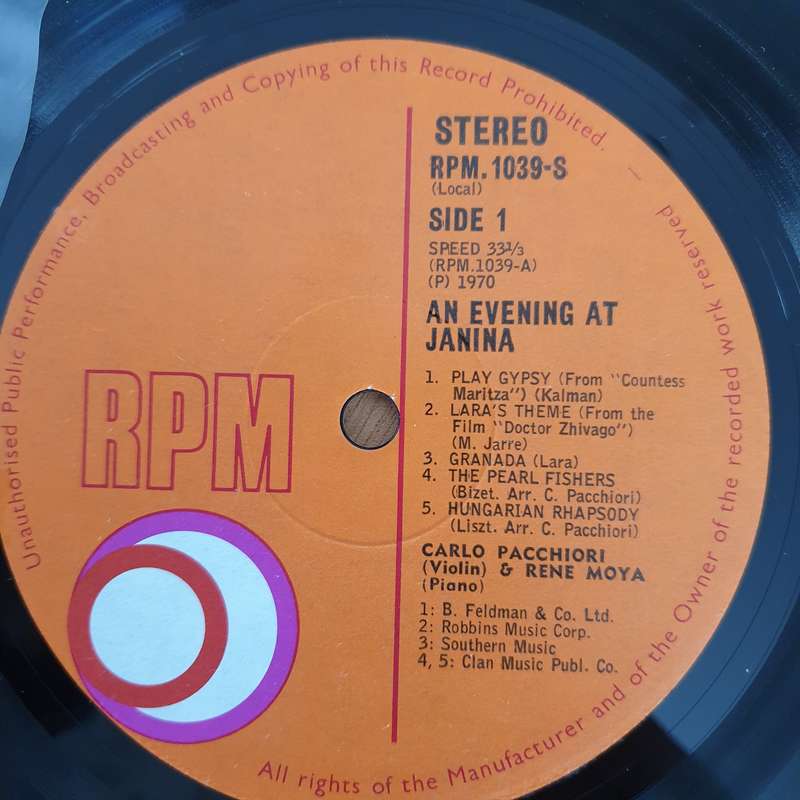 An Evening at Janina - Carlo Pacchiori, Rena Moya (Rare South Africa) - Vinyl LP Record - Very-Go...