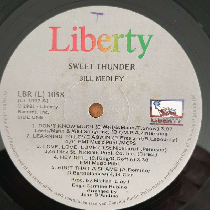 Bill Medley  Sweet Thunder - Vinyl LP Record - Very-Good+ Quality (VG+) (verygoodplus)