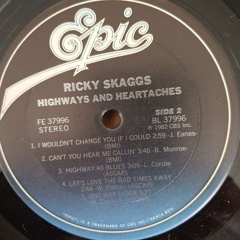 Ricky Skaggs  Highways & Heartaches  Vinyl LP Record - Very-Good+ Quality (VG+) (verygoodplus)