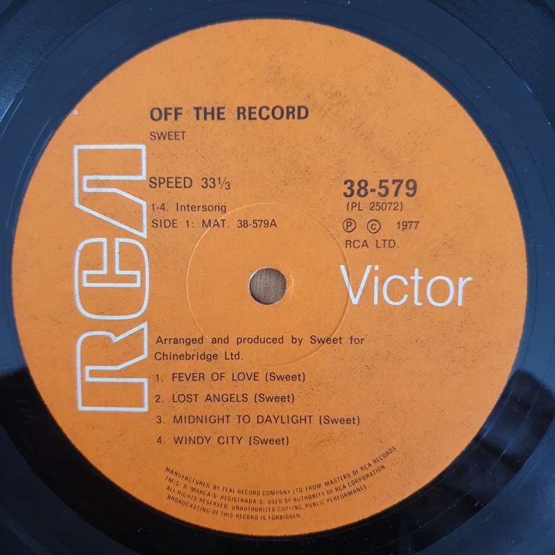 Sweet  Off The Record  Vinyl LP Record - Very-Good Quality (VG)  (verry)
