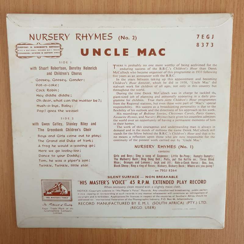 Uncle Mac With Stuart Robertson , Dorothy Helmrich And Children's Chorus  Nursery Rhymes - 7" ...