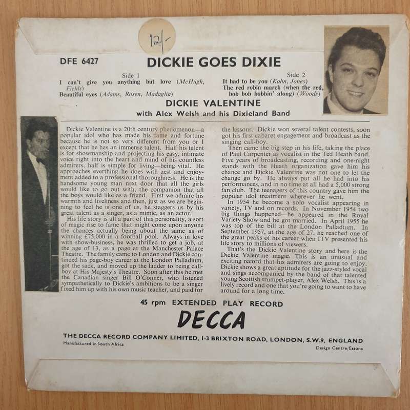 Dickie Valentine with Alex Welsh And His Dixieland Band  Dickie Goes DIxie - 7" Record - Very-...
