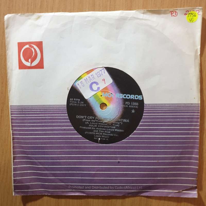 Julie Covington  Don't Cry For Me Argentina 7" Record - Very-Good Quality (VG) (verygood7)