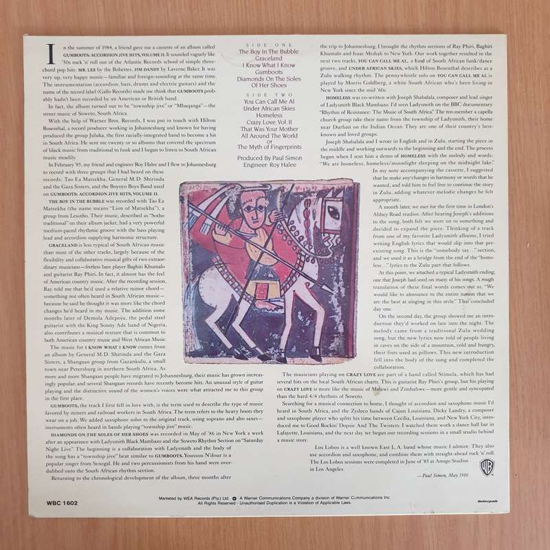 Paul Simon - Graceland (with Lyrics) - Vinyl LP Record - Very-Good+ Quality (VG+) (verygoodplus)