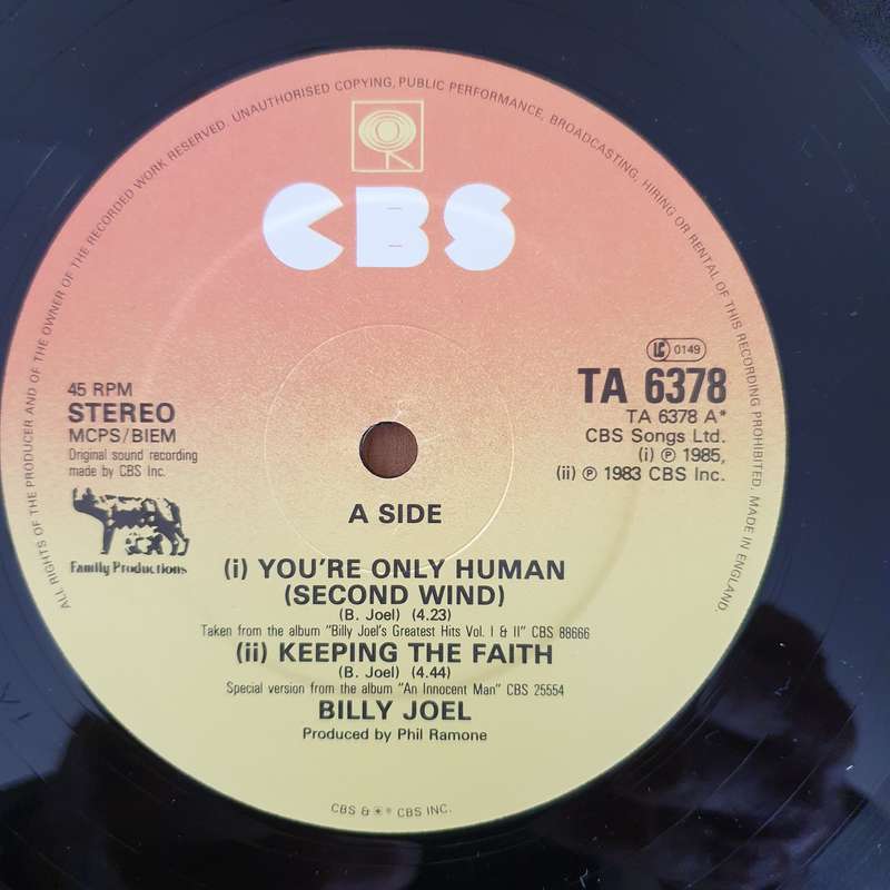 Billy Joel  You're Only Human (Second Wind) (UK) - Vinyl LP Record - Very-Good+ Quality (VG+) ...