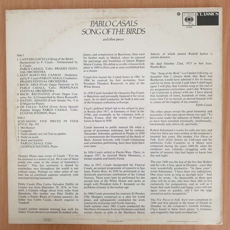 Pablo Casals  Song of the Birds And Other Pieces - Vinyl LP Record - Good+ Quality (G+) (gplus)