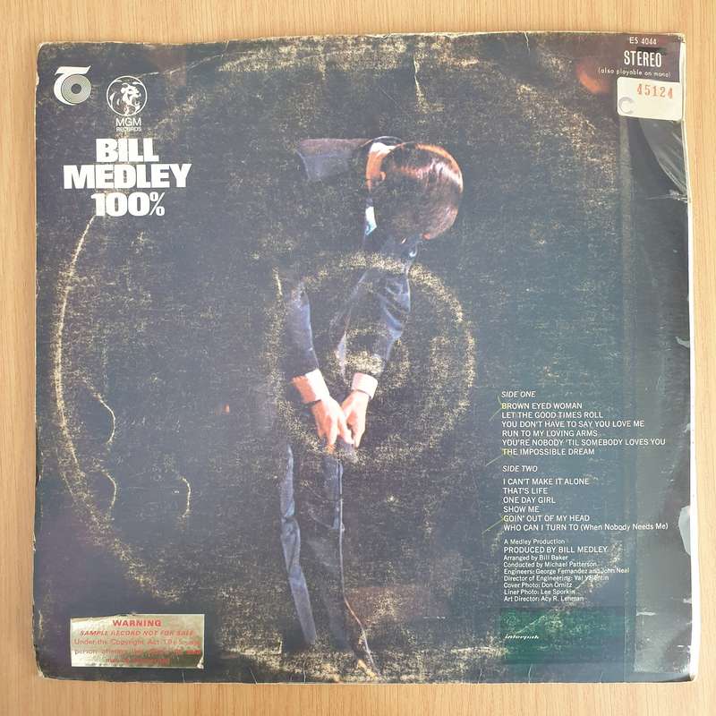 Bill Medley  100% - Vinyl LP Record - Very-Good- Quality (VG-) (minus)