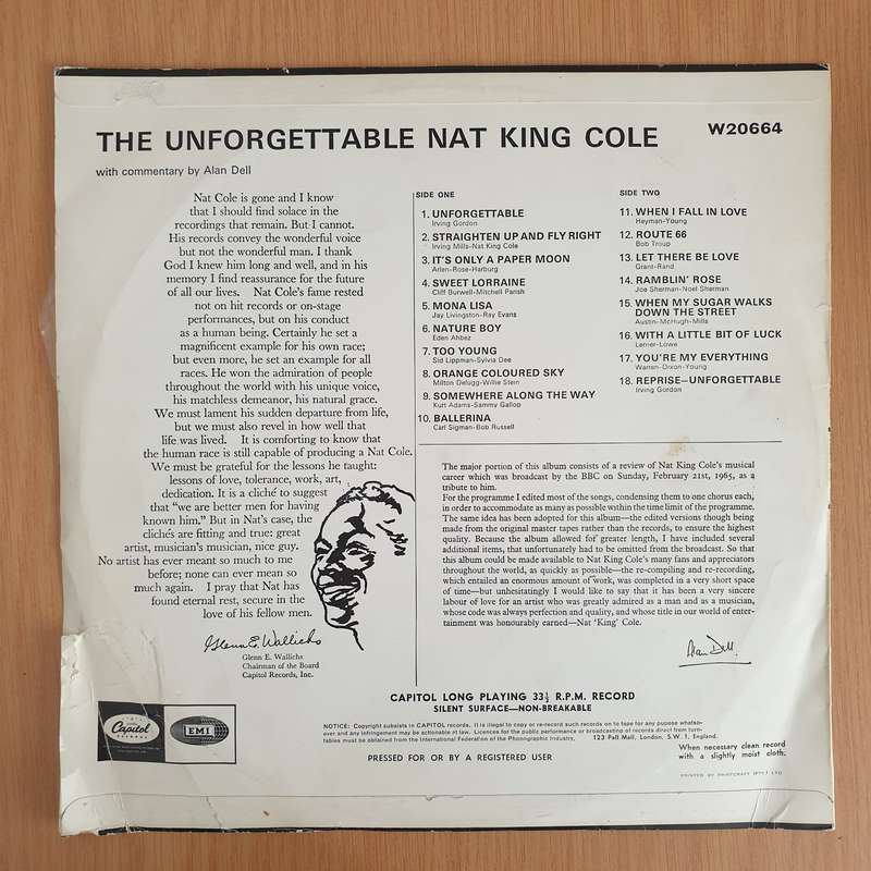 Nat King Cole  The Unforgettable Nat King Cole  Vinyl LP Record - Very-Good Quality (VG)...