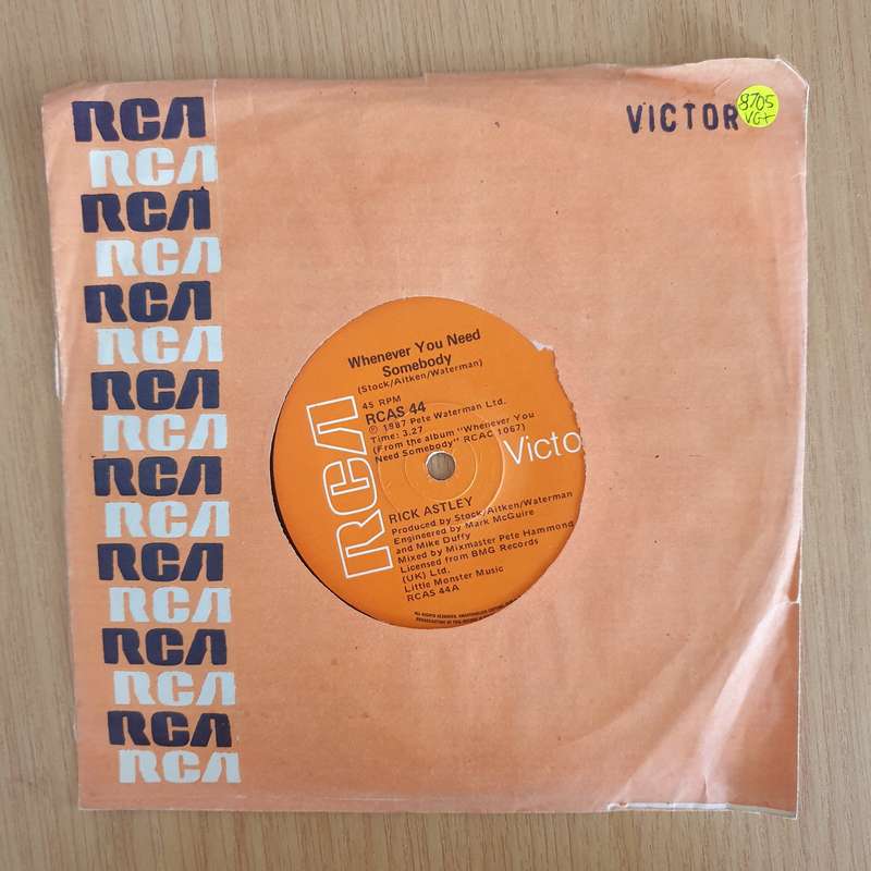 Rick Astley  Whenever You Need Somebody - 7" Record - Very-Good+ Quality (VG+) (verygoodplus7)...