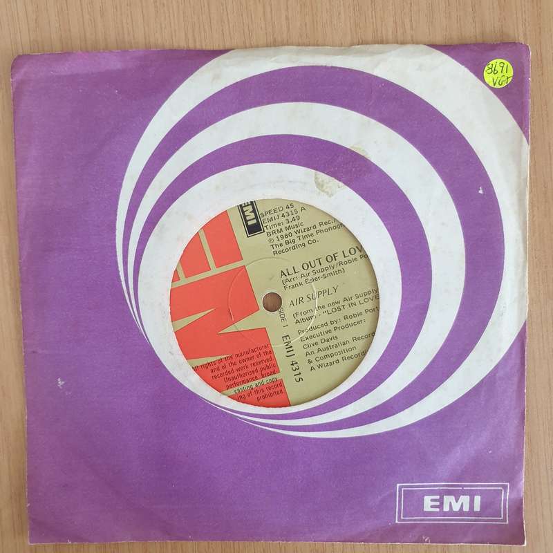 Air Supply  All Out Of Love - 7 Record - Very-Good+ Quality (VG+) (verygoodplus7) (DLB)
