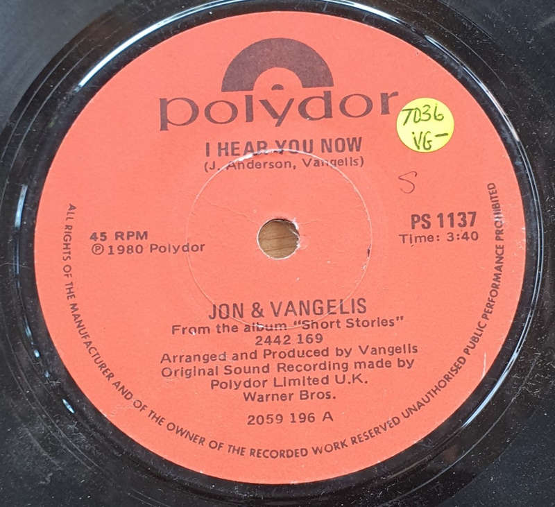 Jon And Vangelis  I Hear You Now  - Vinyl 7" Record  (VG-)