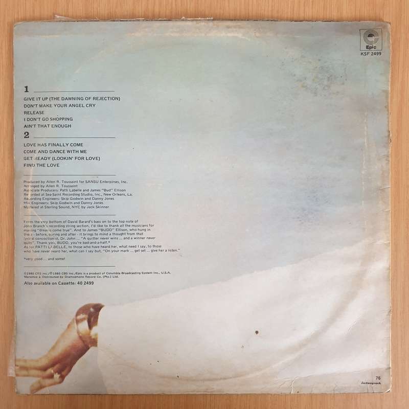 Patti LaBelle  Released  Vinyl LP Record - Very-Good+ Quality (VG+) (verygoodplus)
