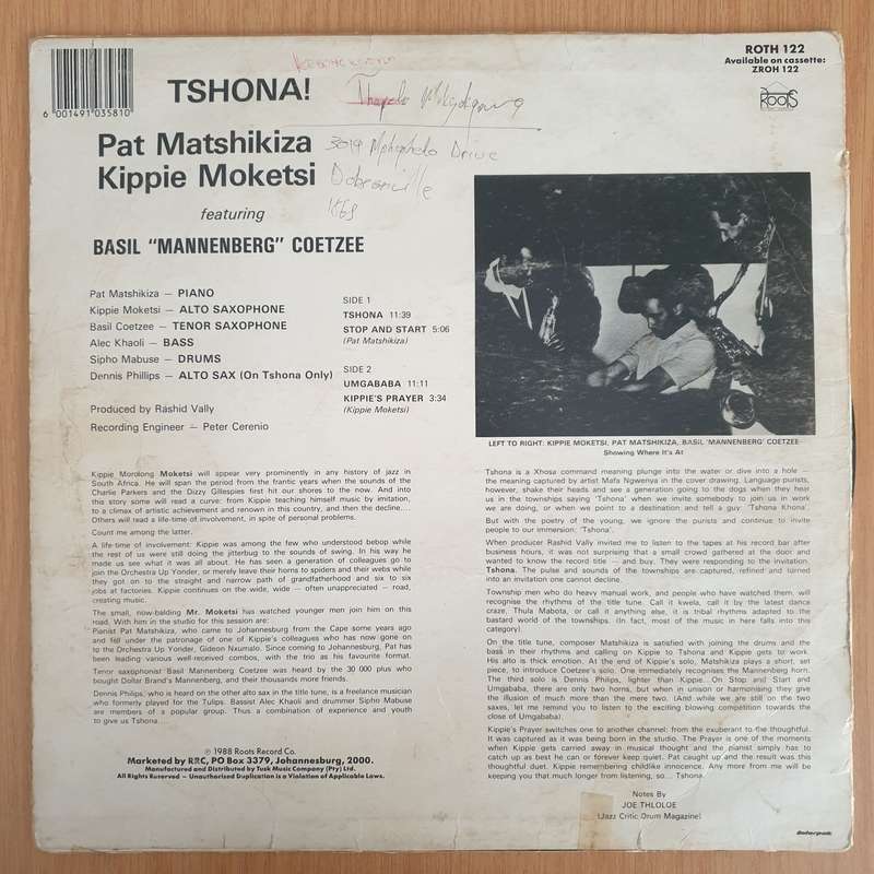 Tshona!   -  Pat Matshikiza / Kippie Moketsi Featuring Basil "Mannenberg" Coetzee  Vinyl LP Re...