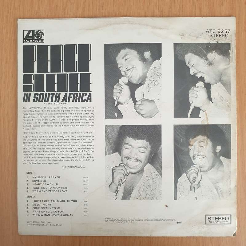 Percy Sledge - Live In South Africa  Vinyl LP Record - Very-Good+ Quality (VG+) (verygoodplus)
