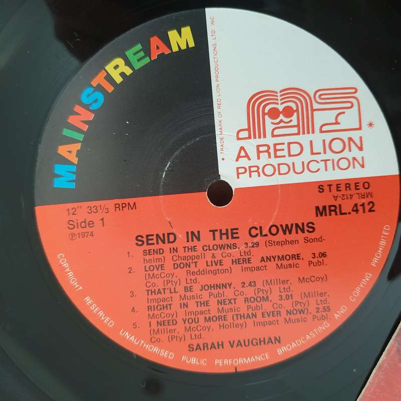 Sarah Vaughan  Send In The Clowns  Vinyl LP Record - Very-Good+ Quality (VG+) (verygoodplus)